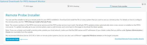 Capture d'écran de PRTG Installation classique de sondes distantes