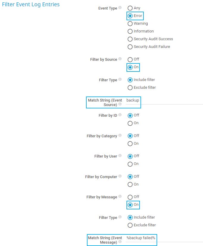 Entradas de log de eventos do filtro de captura de tela do PRTG