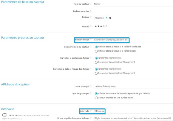 Capture d'écran PRTG paramètres de base du capteur
