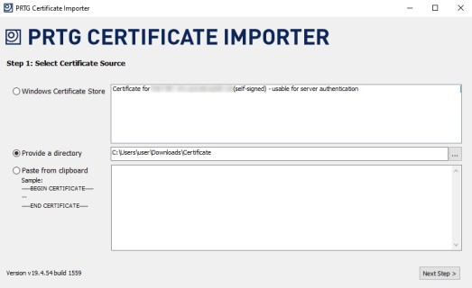 Importador de certificado de captura de tela do PRTG