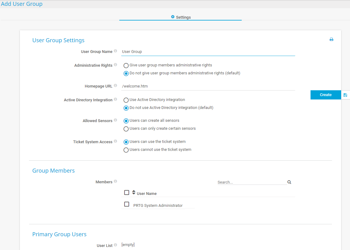 Captura de tela do PRTG Adicionar grupo de usuários