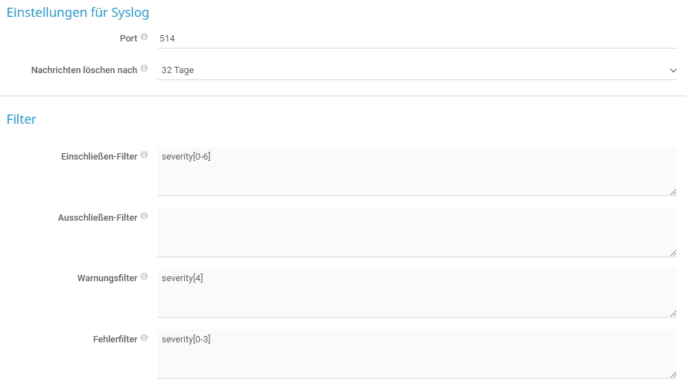 PRTG Bildschirmfoto Syslog spezifische Einstellungen