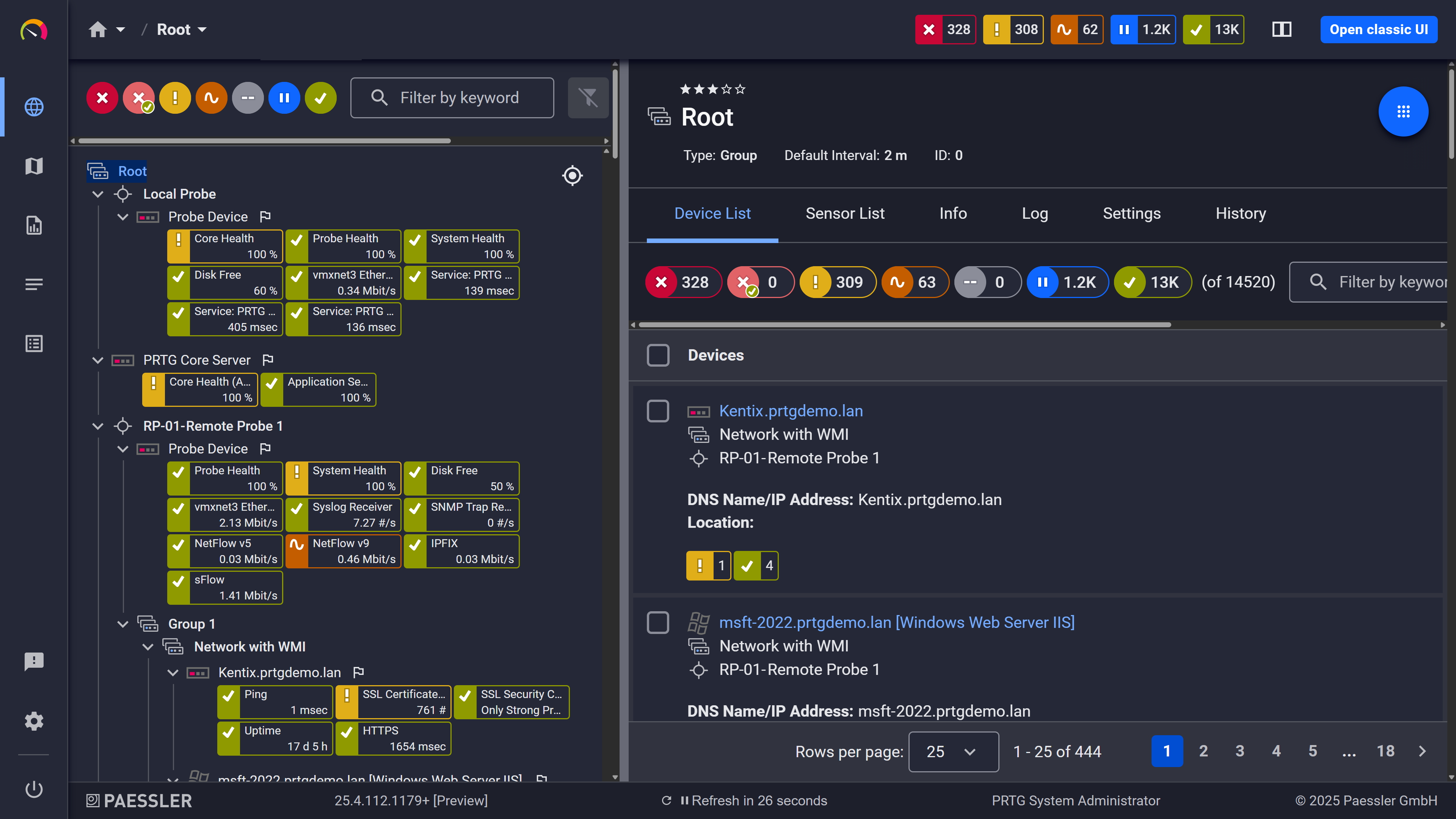 PRTG web interface showing device tree and full device list with sensor status badges