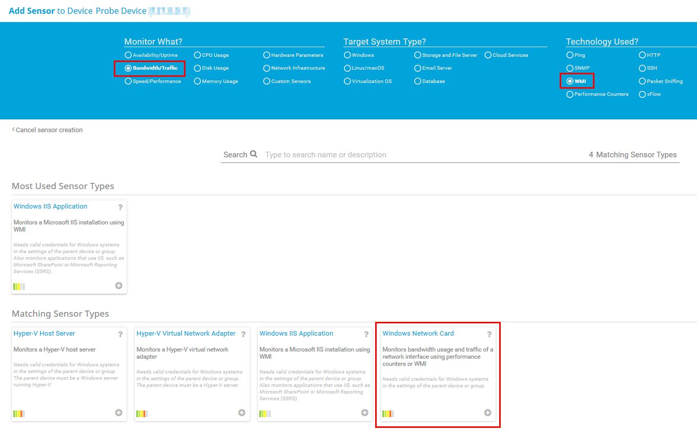 PRTG Screenshot añadir sensor windows tarjeta de red