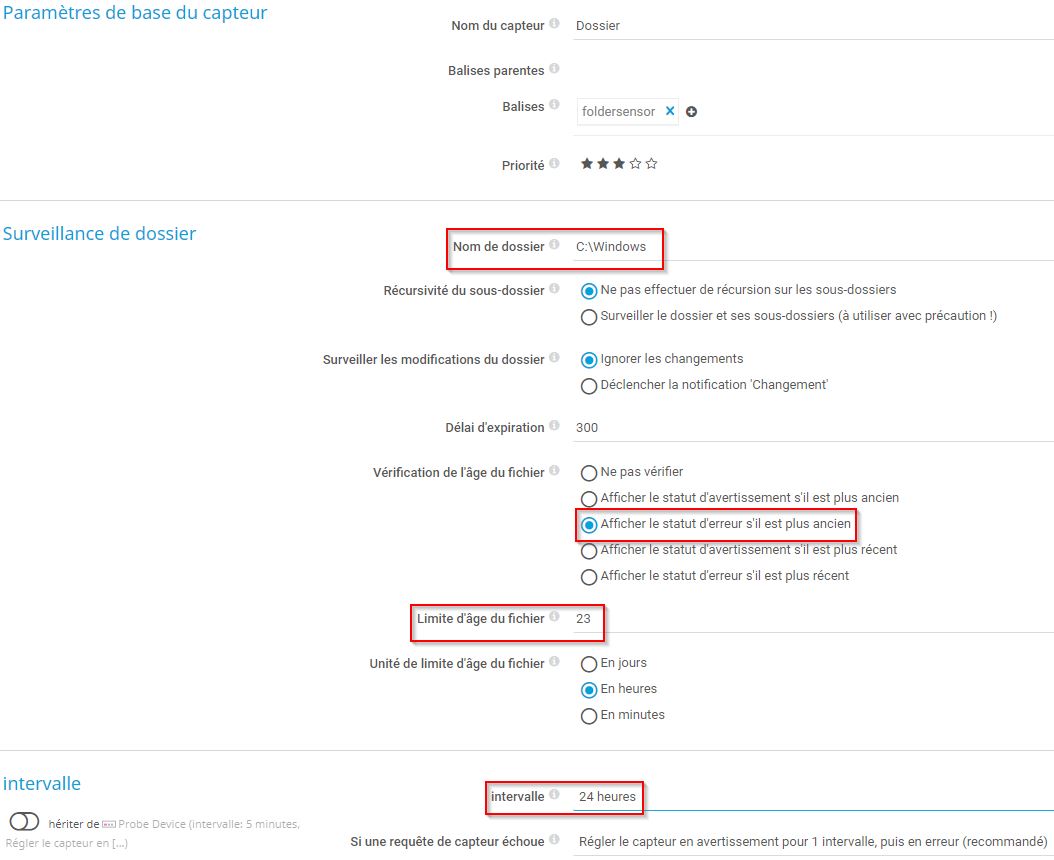 Capture d'écran PRTG paramètres de base du capteur - supervision du dossier