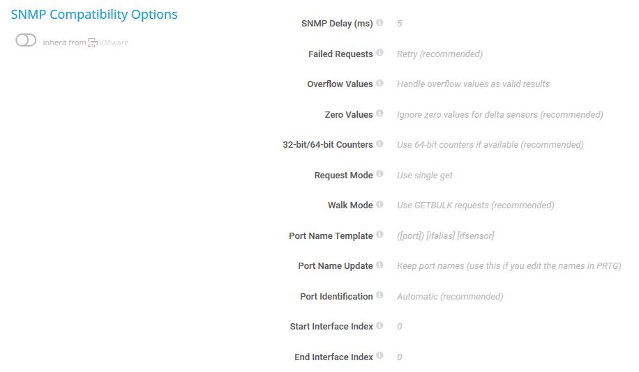Captura de tela do PRTG Opções de compatibilidade SNMP