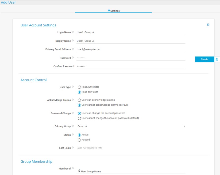 Captura de tela do PRTG Adicionar nova conta de usuário