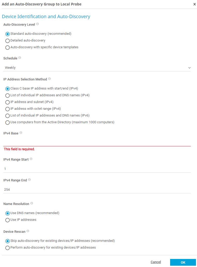 Screenshot PRTG auto discovery group to local probe