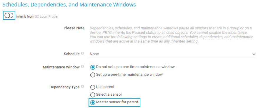 Captura de pantalla PRTG establecer tipo de dependencia 