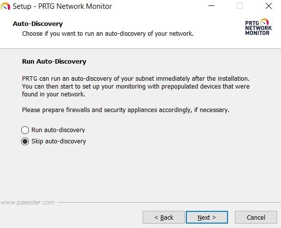 Screenshot PRTG auto discovery disable window
