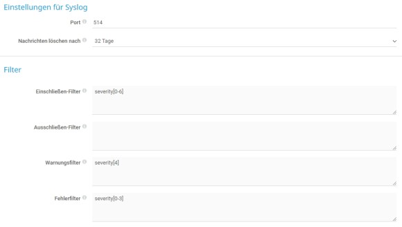 PRTG Bildschirmfoto Syslog spezifische Einstellungen
