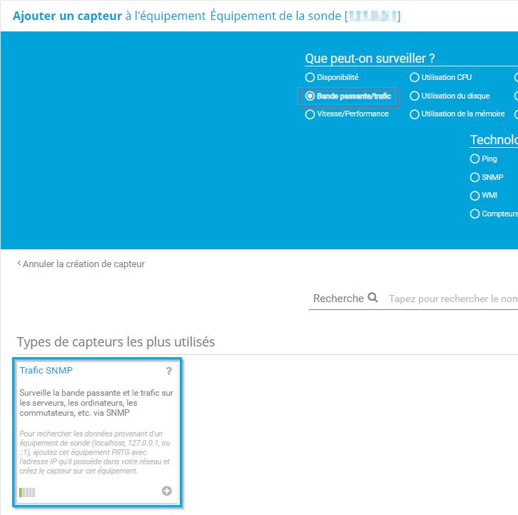 Capture d'écran PRTG add sensor to device Fenêtre Probe Device