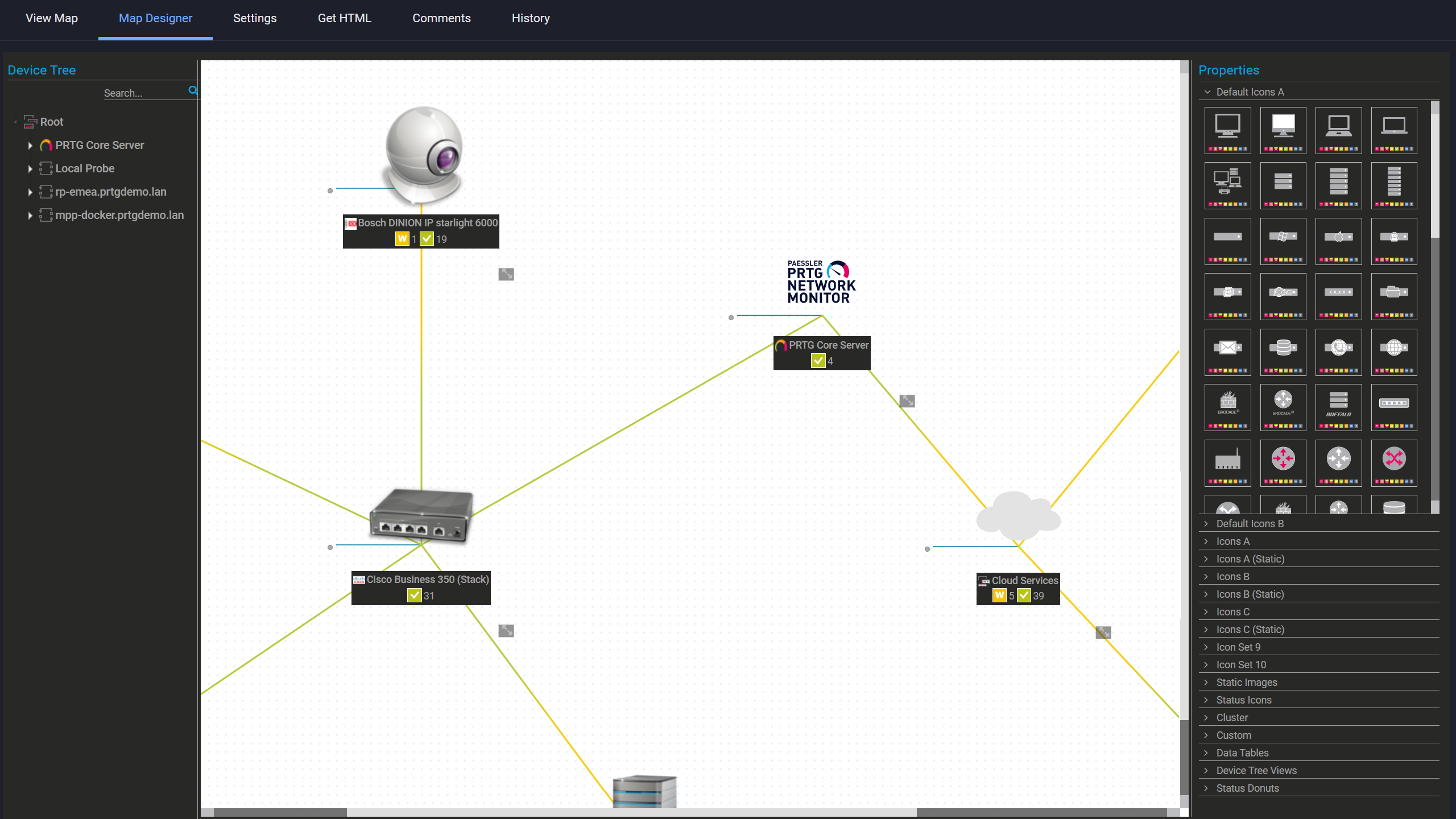 PRTG Map Designer showing a custom network map with live device status and vendor icons