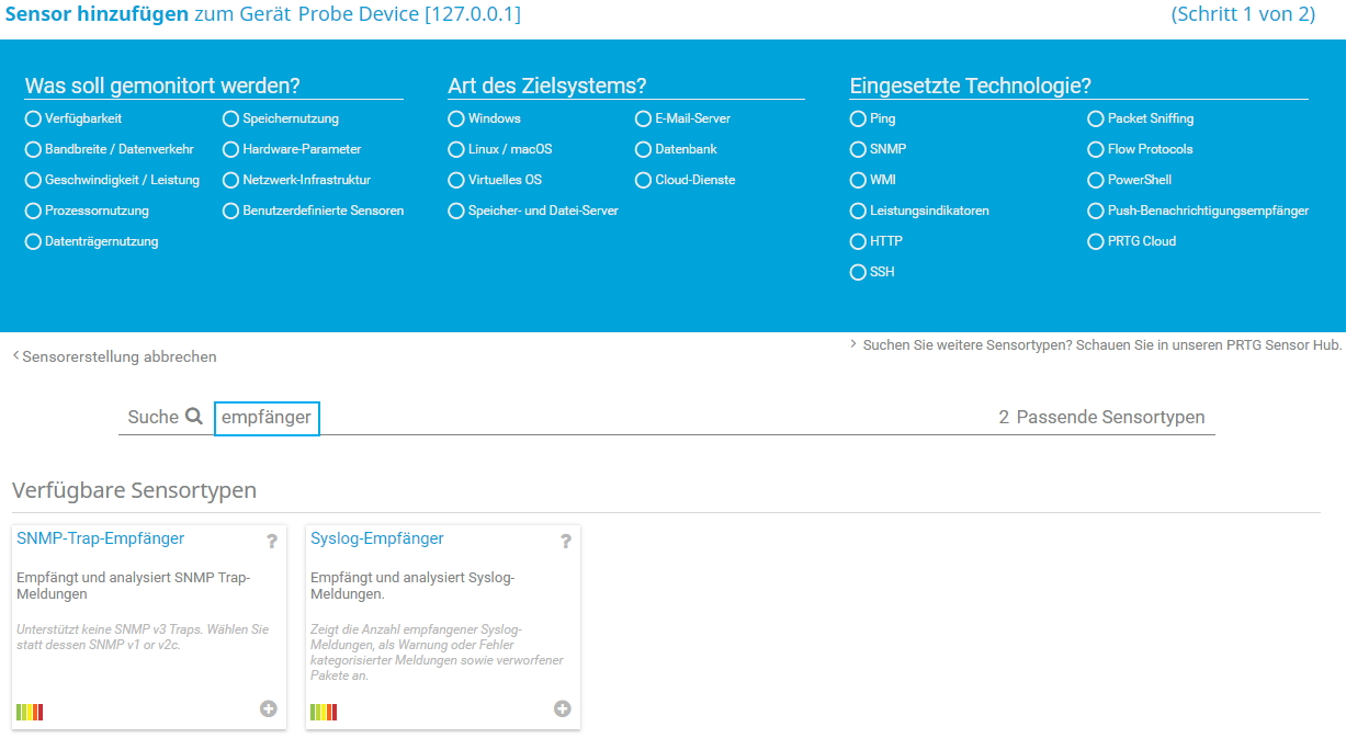 PRTG-Screenshot Sensor zur Gerätesonde hinzufügen