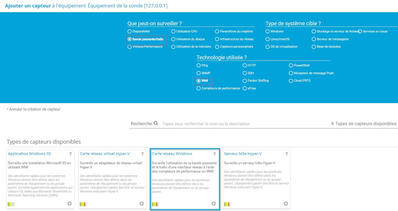 PRTG Capture d'écran ajouter un capteur carte réseau windows