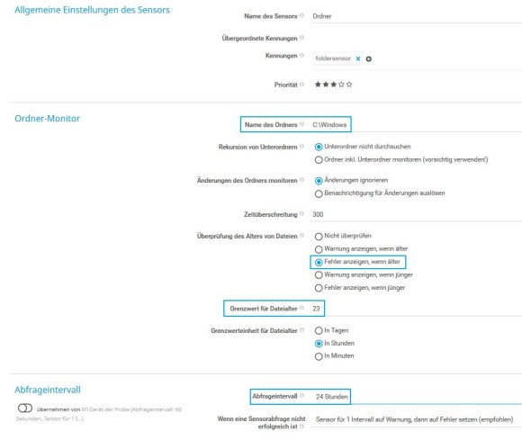PRTG Screenshot Grundeinstellungen des Sensors - Ordner Monitoring