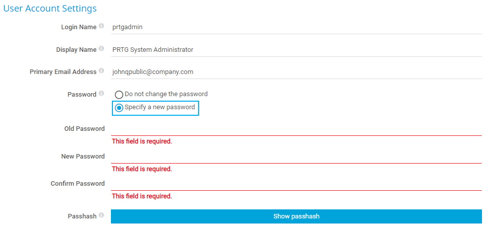 Configurações de conta de usuário da captura de tela do PRTG