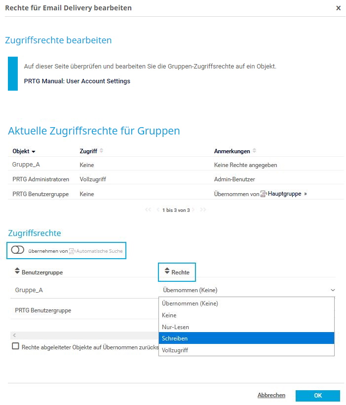 PRTG Screenshot Zugriffsrechte bearbeiten