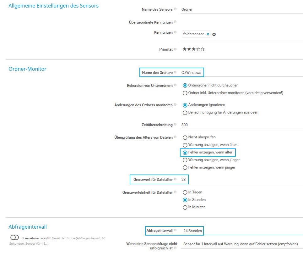 PRTG Screenshot Grundeinstellungen des Sensors - Ordner Monitoring