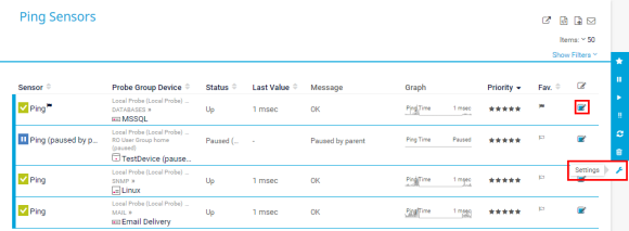 Captura de tela do PRTG Sensores de ping