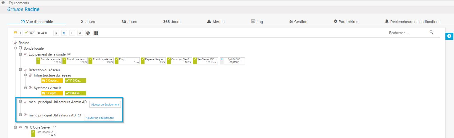 Capture d'écran des objets de l'arborescence des équipements de PRTG