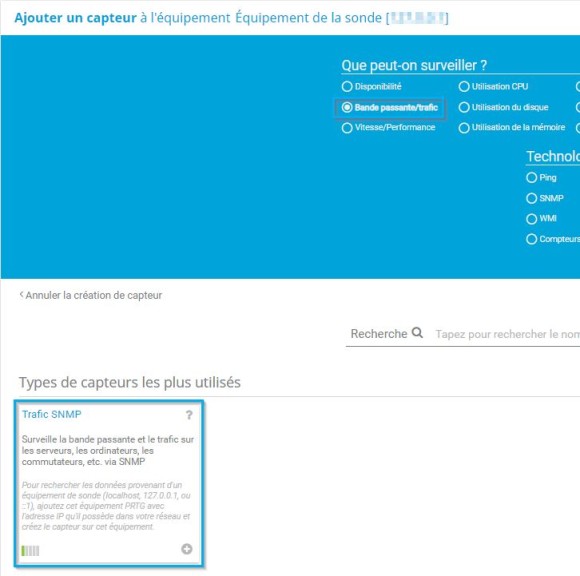 Capture d'écran PRTG add sensor to device Fenêtre Probe Device