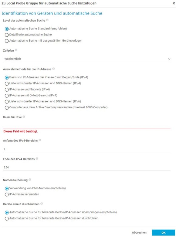 Screenshot PRTG Automatische Suche Gruppe zu Local Probe