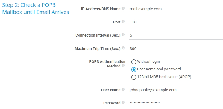 PRTG screenshot step 2 check a POP3 mailbox until email arrives