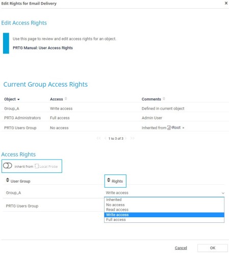 Captura de tela do PRTG Editar direitos de acesso
