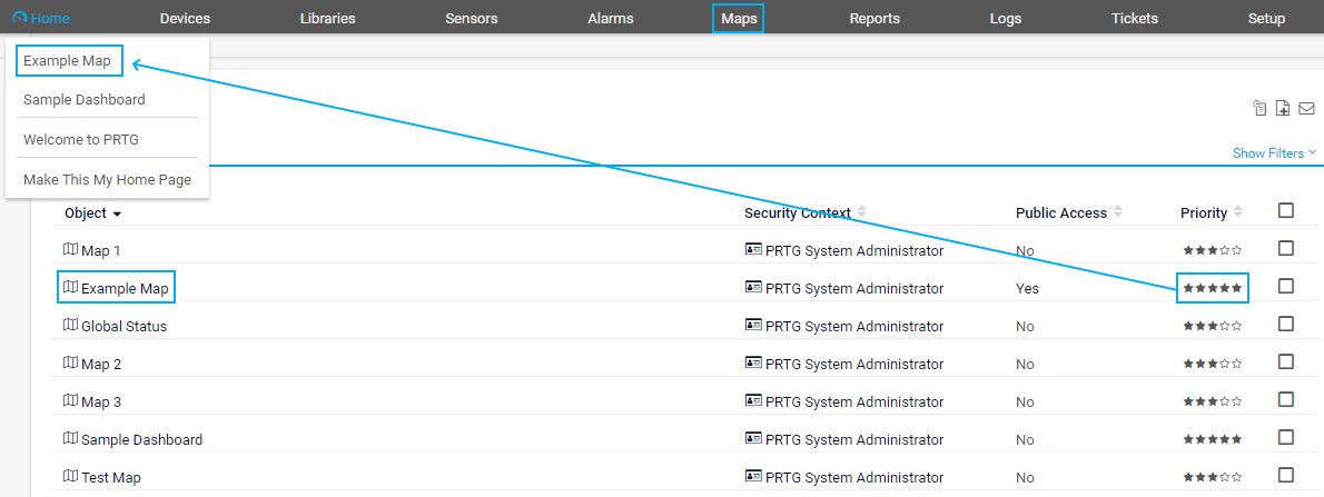 PRTG Screenshot add example map to home menu