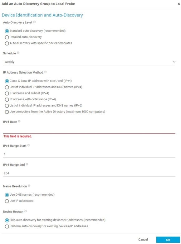 Screenshot PRTG auto discovery group to local probe