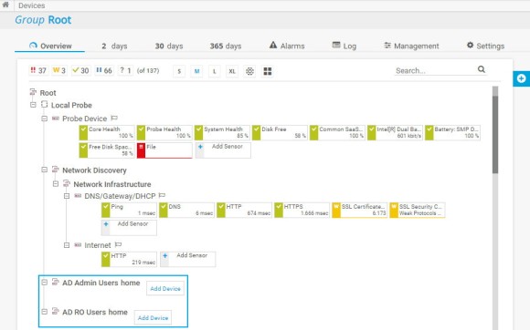 Captura de tela dos objetos da árvore de dispositivos do PRTG