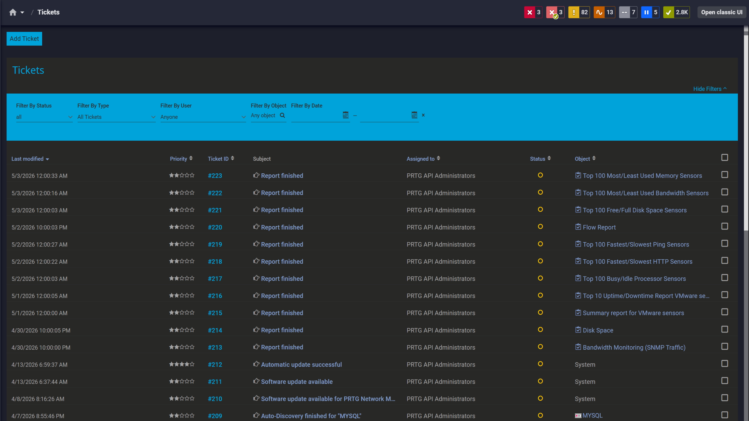 PRTG tickets list showing system notifications, report completions, and update alerts