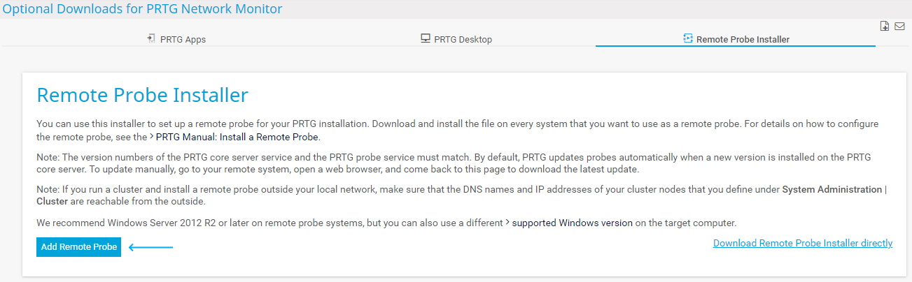 Capture d'écran de PRTG Installation classique de sondes distantes