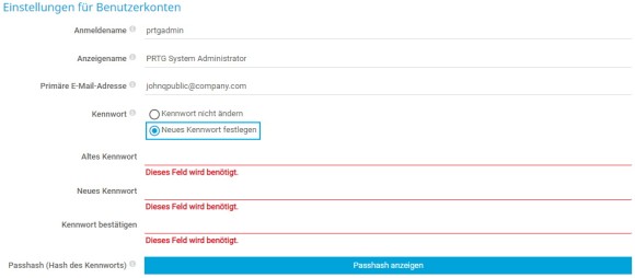 PRTG-Screenshot Benutzerkontoeinstellungen
