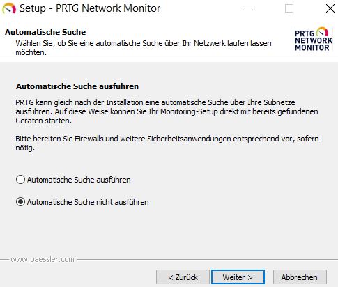 Screenshot PRTG-Fenster zur Deaktivierung der automatischen Suche