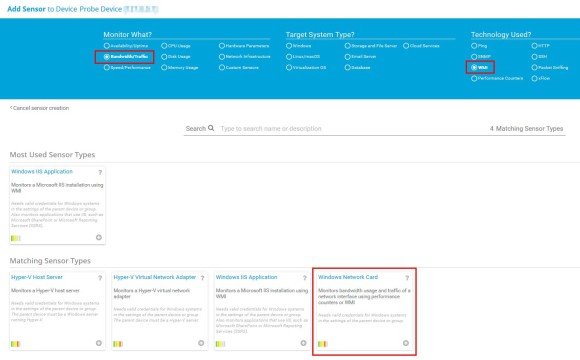 PRTG Screenshot añadir sensor windows tarjeta de red