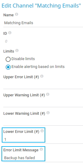 Captura de tela do PRTG Editar canal "correspondência de e-mails"