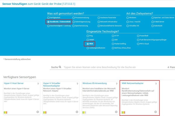 PRTG Screenshot Sensor hinzufügen Windows Netzwerkkarte