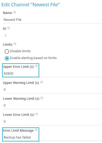Captura de tela do PRTG editar canal "arquivo mais novo"