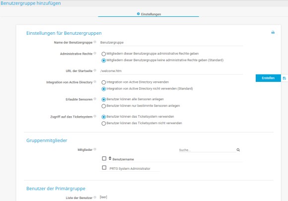 PRTG Screenshot Benutzer Gruppe hinzufügen