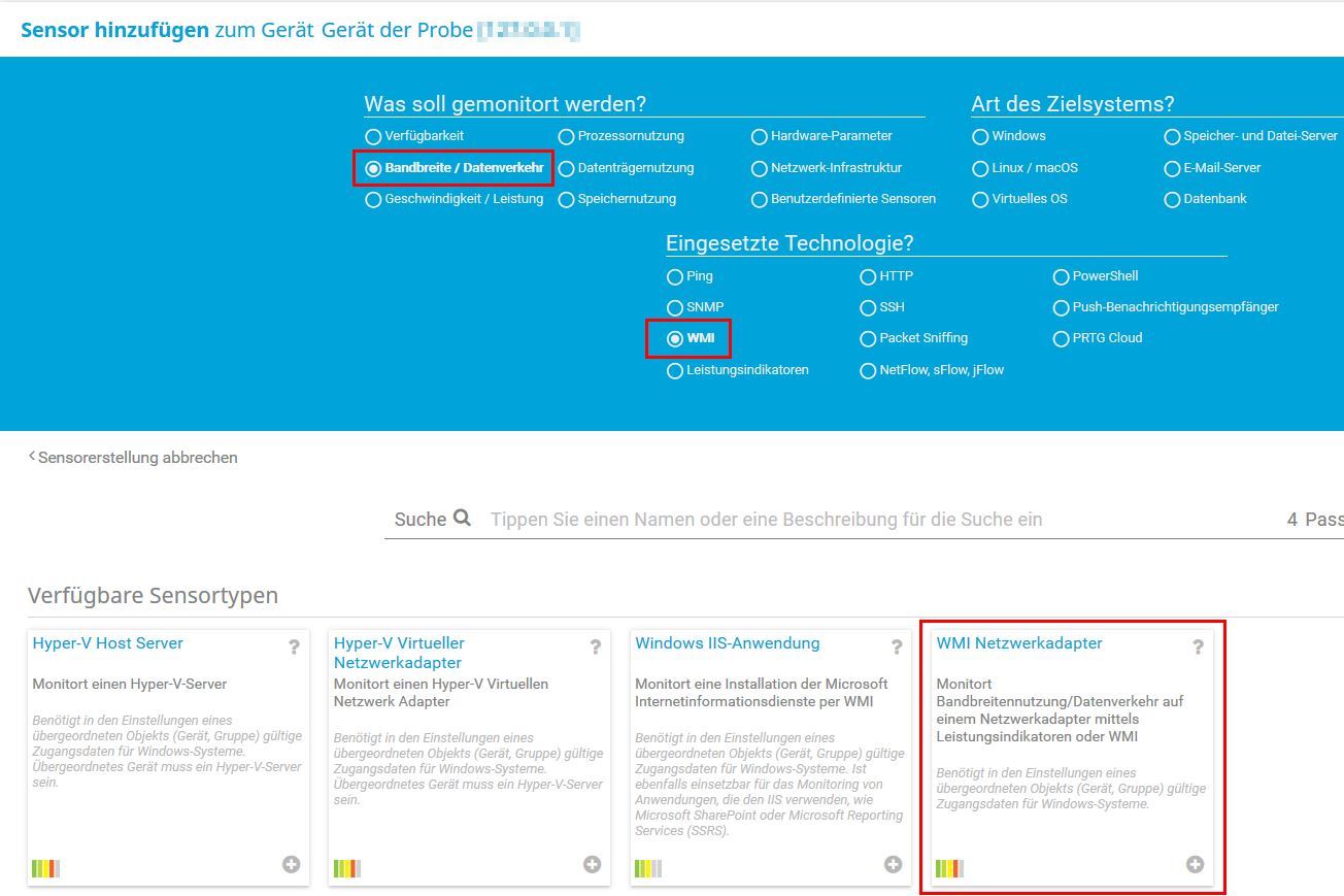 PRTG Screenshot Sensor hinzufügen Windows Netzwerkkarte