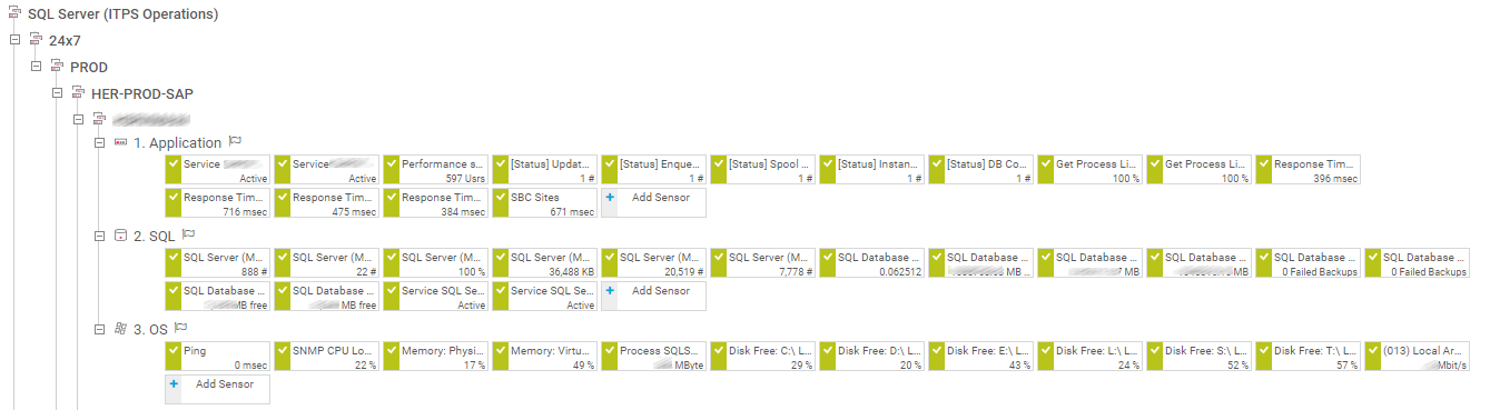 Leica Geosystems: Captura de pantalla del árbol de dispositivos SQL Server
