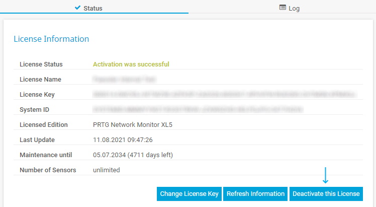 PRTG Screenshot License information
