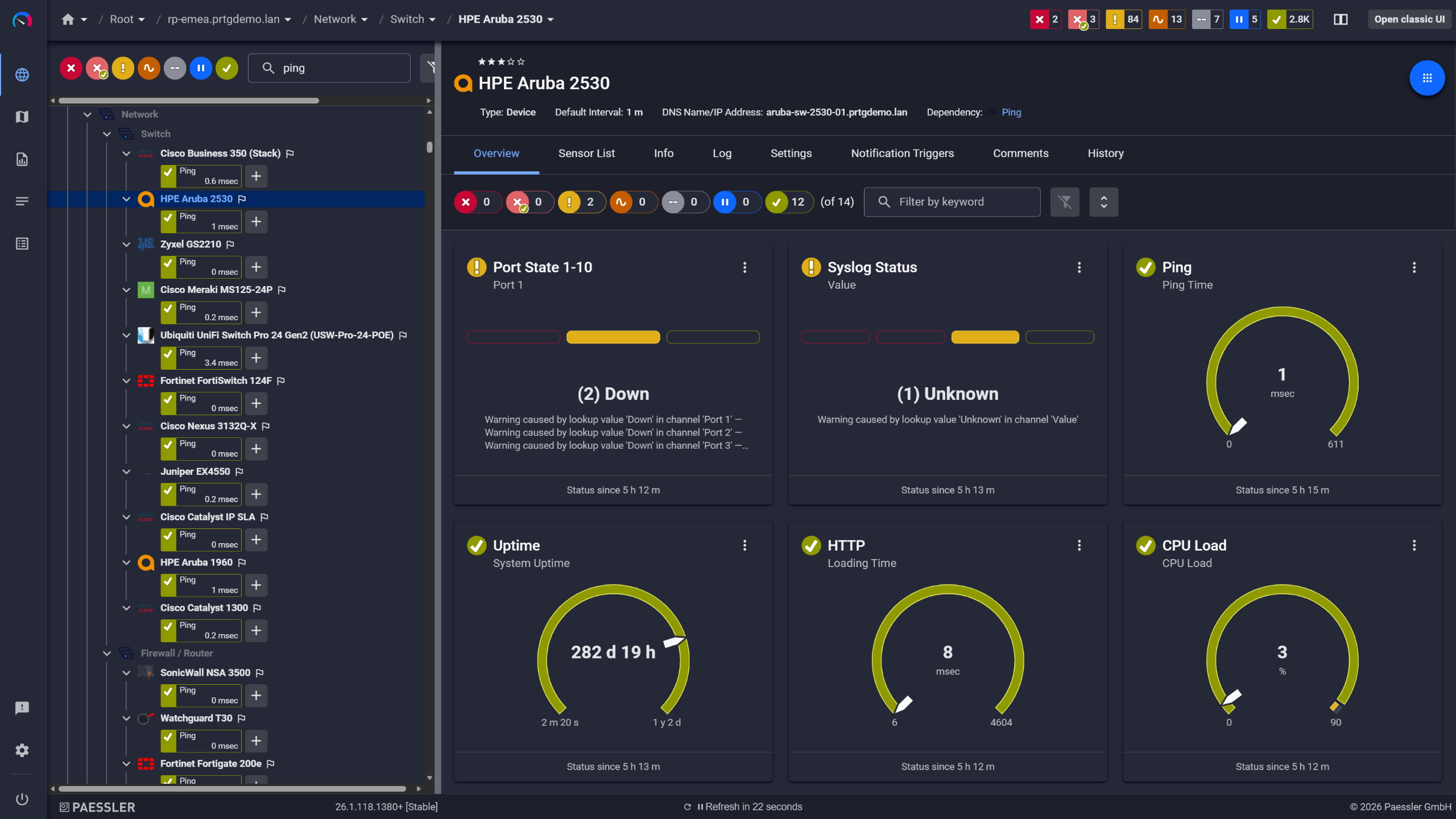 PRTG device overview for an HPE Aruba 2530 switch with port state, ping, and CPU sensors