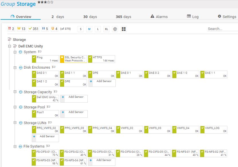 PRTG Screenshot group storage device setup