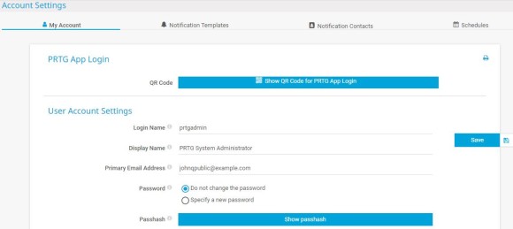 Paramètres du compte PRTG SCreenshot