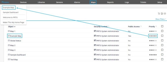 PRTG Screenshot add example map to home menu