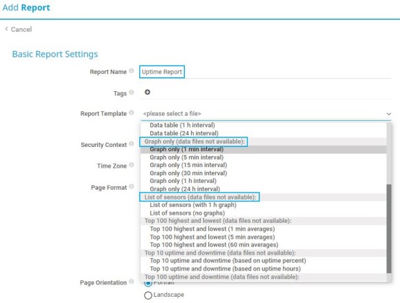 PRTG Screenshot Basic Report Settings