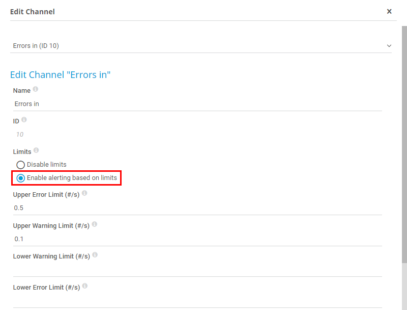 PRTG Screenshot edit channel - enable alerting based on limits